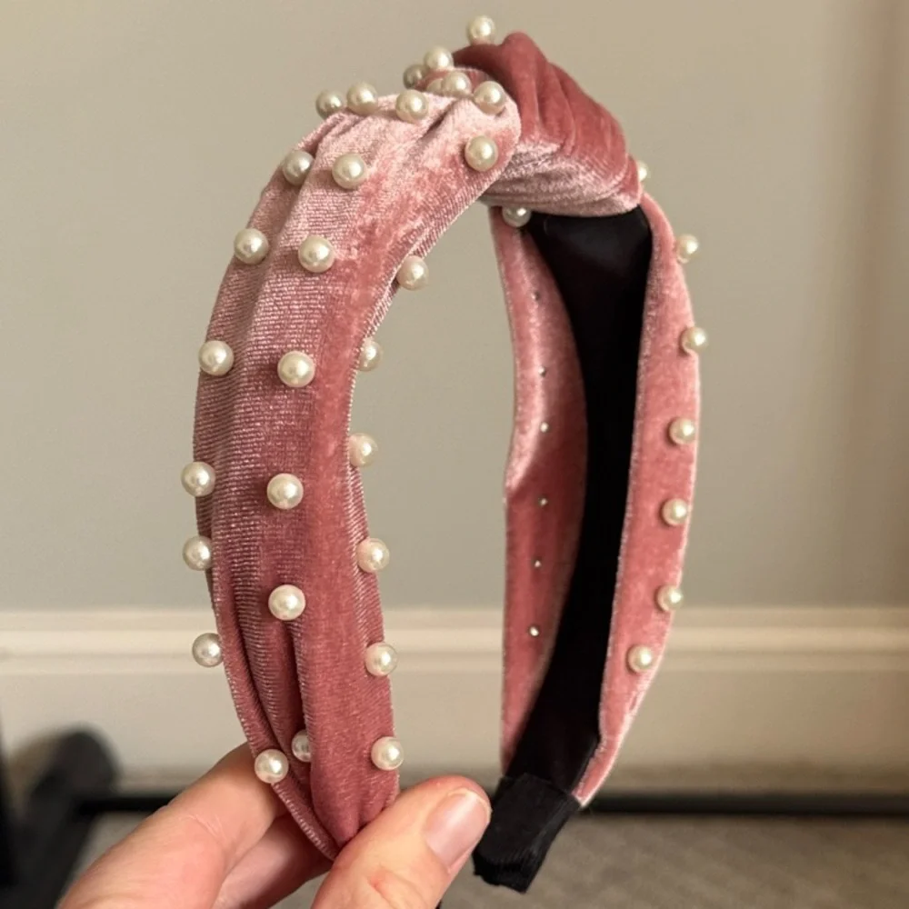 Elegant Pink Velvet Headband with Pearls - Picture 1 of 3